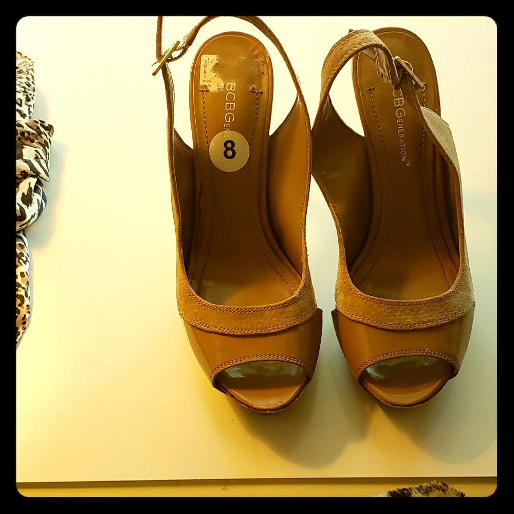 Camel suede and patent leather stilettos